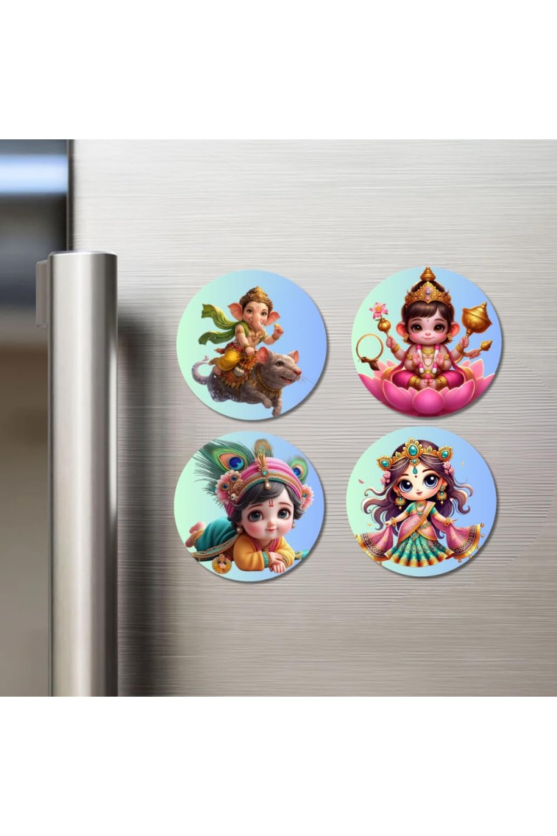 Ganesha, Lakshmi, Krishna, and Saraswati. Fridge Magnets 4 Piece Set | 3 Inch Round Wall Fridge Decor (F22807)