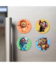 Lion, Mouse, Alien, and Bear. Fridge Magnets 4 Piece Set | 3 Inch Round Wall Fridge Decor (F22995)