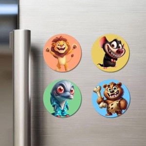 Lion, Mouse, Alien, and Bear. Fridge Magnets 4 Piece Set | 3 Inch Round Wall Fridge Decor (F22995)