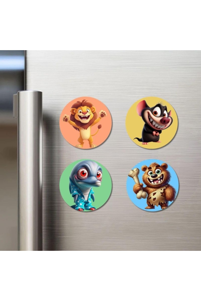 Lion, Mouse, Alien, and Bear. Fridge Magnets 4 Piece Set | 3 Inch Round Wall Fridge Decor (F22995)