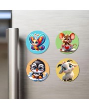 Butterfly, Mouse, Penguin, and Goat. Fridge Magnets 4 Piece Set | 3 Inch Round Wall Fridge Decor (F22886)