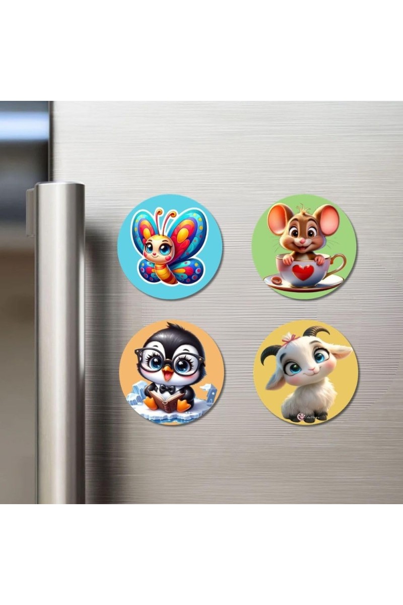 Butterfly, Mouse, Penguin, and Goat. Fridge Magnets 4 Piece Set | 3 Inch Round Wall Fridge Decor (F22886)