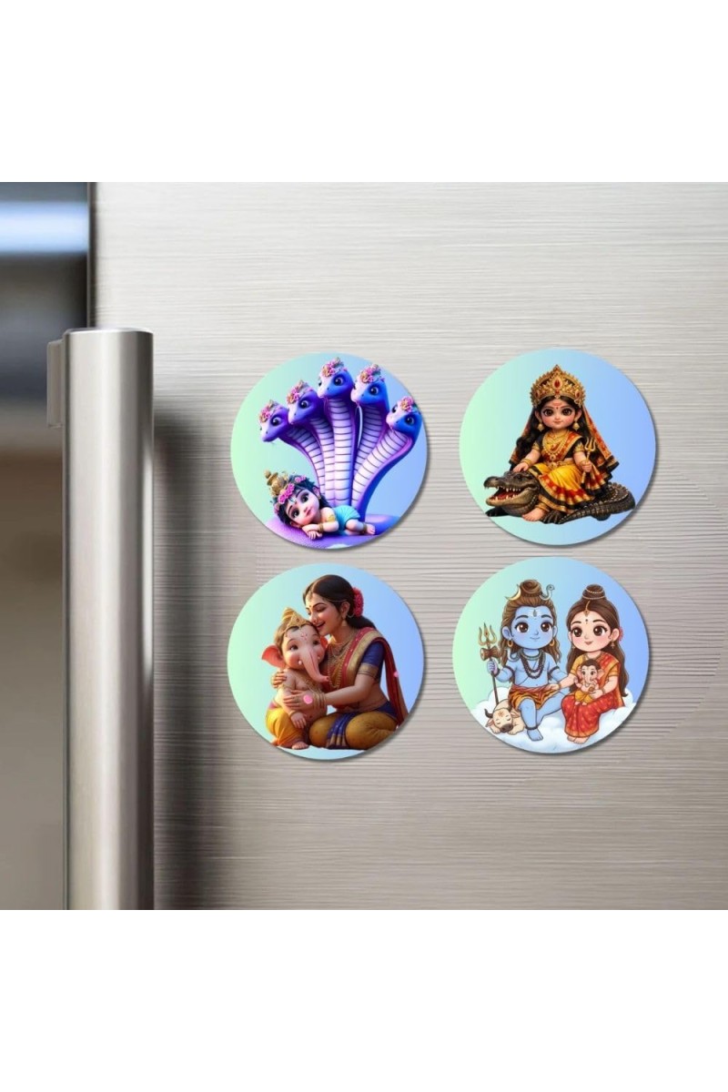 Vasuki-Krishna, Baby Durga, Yashoda-Ganesh, Shiva-Parvati Fridge Magnets 4 Piece Set | 3 Inch Round Wall Fridge Decor (F23255)
