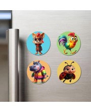 Fox, Rooster, Hippo, and Ladybug. Fridge Magnets 4 Piece Set | 3 Inch Round Wall Fridge Decor (F22948)