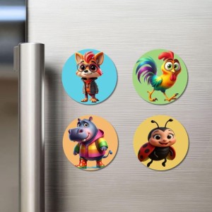 Fox, Rooster, Hippo, and Ladybug. Fridge Magnets 4 Piece Set | 3 Inch Round Wall Fridge Decor (F22948) Fox, Rooster, Hippo, and Ladybug. Fridge Magnets 4 Piece Set | 3 Inch Round Wall Fridge Decor (F22948)