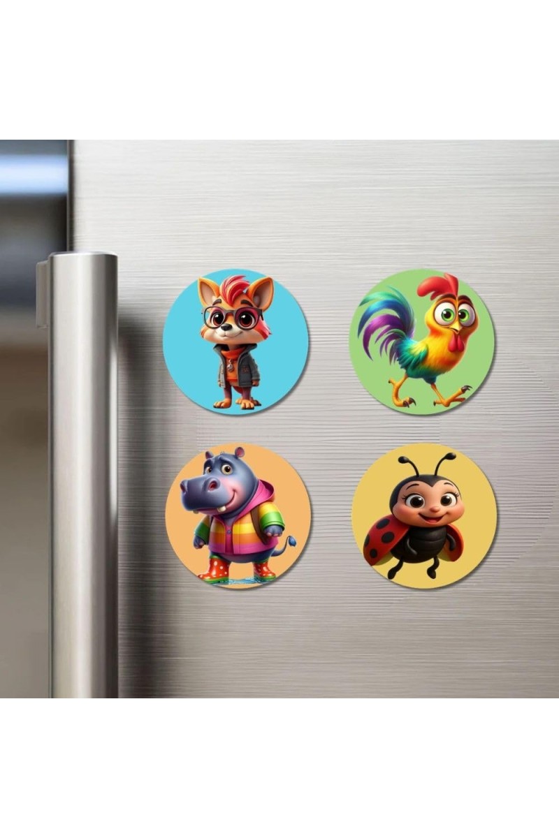 Fox, Rooster, Hippo, and Ladybug. Fridge Magnets 4 Piece Set | 3 Inch Round Wall Fridge Decor (F22948)