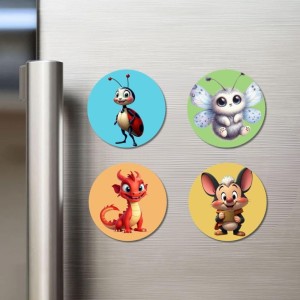 Ladybug, Moth, Dragon, and Mouse. Fridge Magnets 4 Piece Set | 3 Inch Round Wall Fridge Decor (F22900)