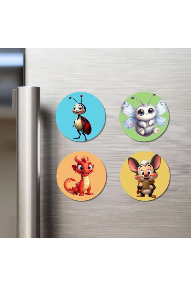 Ladybug, Moth, Dragon, and Mouse. Fridge Magnets 4 Piece Set | 3 Inch Round Wall Fridge Decor (F22900)