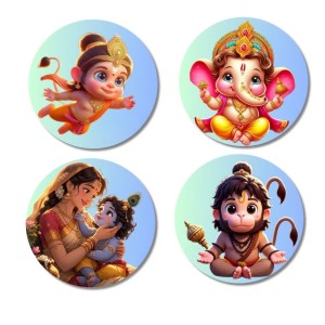 Rama, Ganesha, Yashoda, Krishna, and Hanuman Fridge Magnets 4 Piece Set | 3 Inch Round Wall Fridge Decor (F22833)