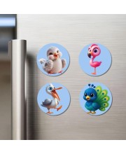 Bird, Flamingo, Pelican, and Peacock. Fridge Magnets 4 Piece Set | 3 Inch Round Wall Fridge Decor (F23085)