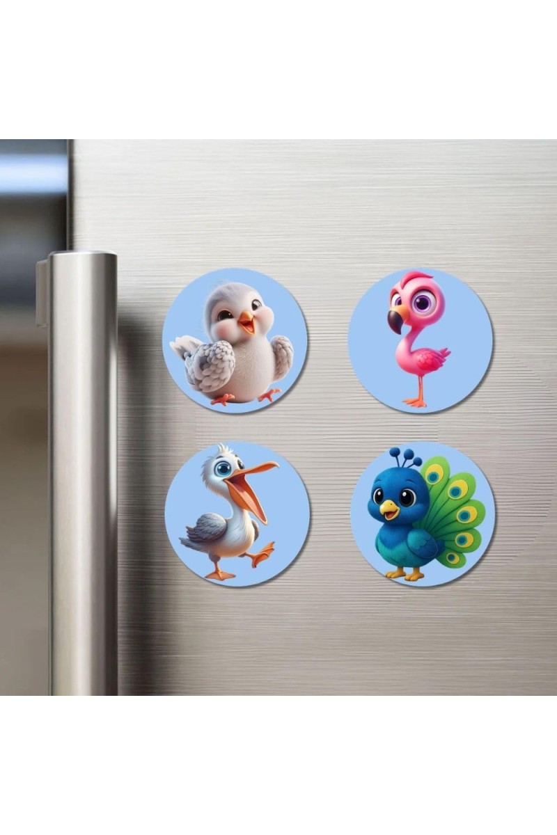 Bird, Flamingo, Pelican, and Peacock. Fridge Magnets 4 Piece Set | 3 Inch Round Wall Fridge Decor (F23085)