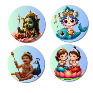 Lakshmi, Matsya (Vishnu), Murugan, LakshmiVishnu Fridge Magnets 4 Piece Set | 3 Inch Round Wall Fridge Decor (F23256)