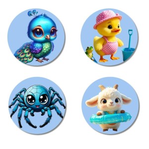 Peacock, Duck, Spider, and Lamb. Fridge Magnets 4 Piece Set | 3 Inch Round Wall Fridge Decor (F23090)
