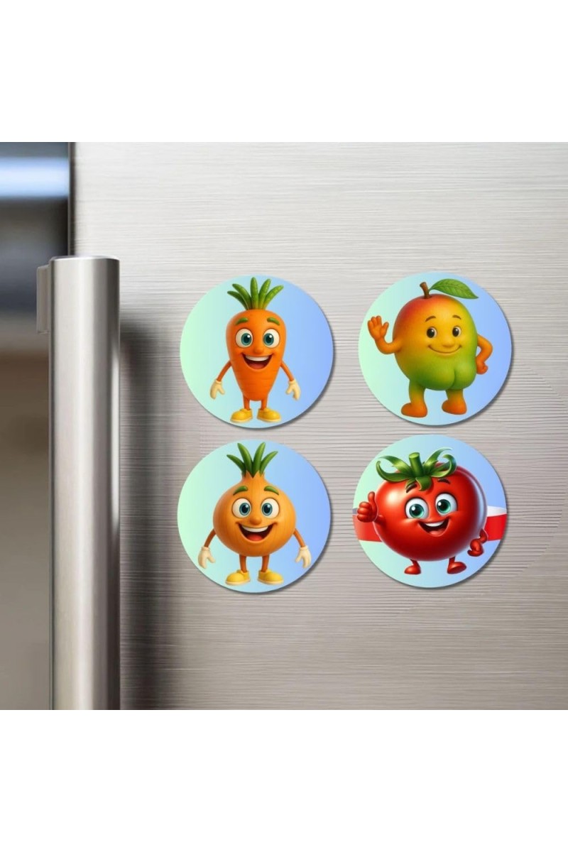 Carrot, Mango, Onion, Tomato Fridge Magnets 4 Piece Set | 3 Inch Round Wall Fridge Decor (F23285)