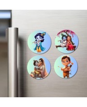 Rama, Ganesha, Yashoda, Krishna, and Hanuman. Fridge Magnets 4 Piece Set | 3 Inch Round Wall Fridge Decor (F22834)