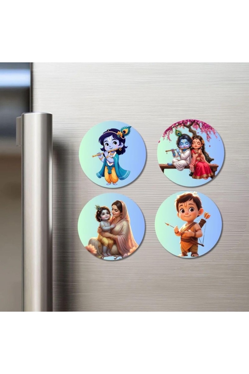 Rama, Ganesha, Yashoda, Krishna, and Hanuman. Fridge Magnets 4 Piece Set | 3 Inch Round Wall Fridge Decor (F22834)