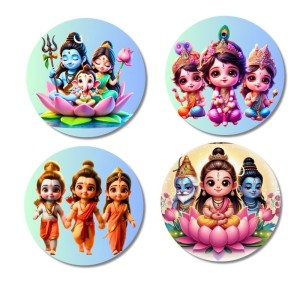 Shiva, Parvati, Ganesha, Kartikeya Fridge Magnets 4 Piece Set | 3 Inch Round Wall Fridge Decor (F23228)