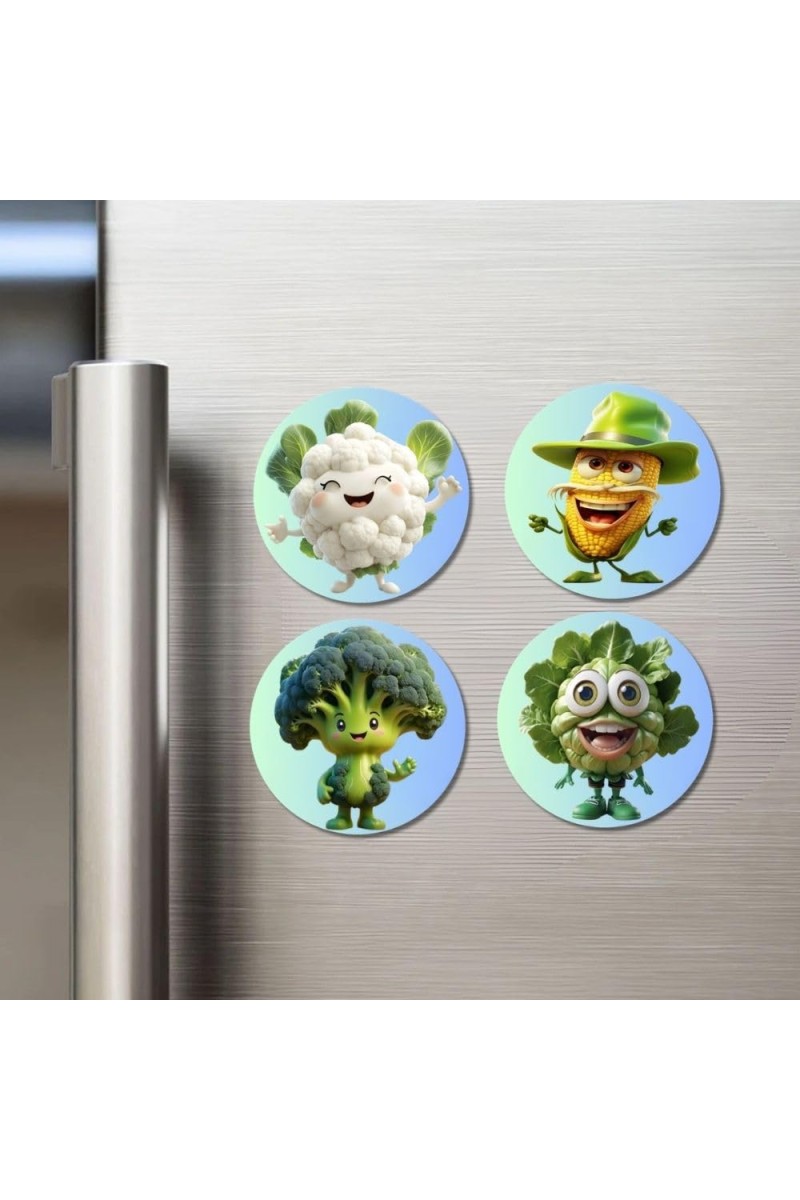 Cauliflower, Corn, Broccoli, Lettuce Fridge Magnets 4 Piece Set | 3 Inch Round Wall Fridge Decor (F23287)