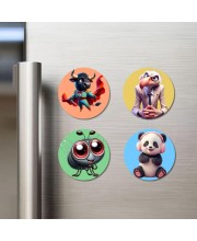 Bull, Vulture, Fly, and Panda. Fridge Magnets 4 Piece Set | 3 Inch Round Wall Fridge Decor (F23016)