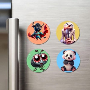 Bull, Vulture, Fly, and Panda. Fridge Magnets 4 Piece Set | 3 Inch Round Wall Fridge Decor (F23016)