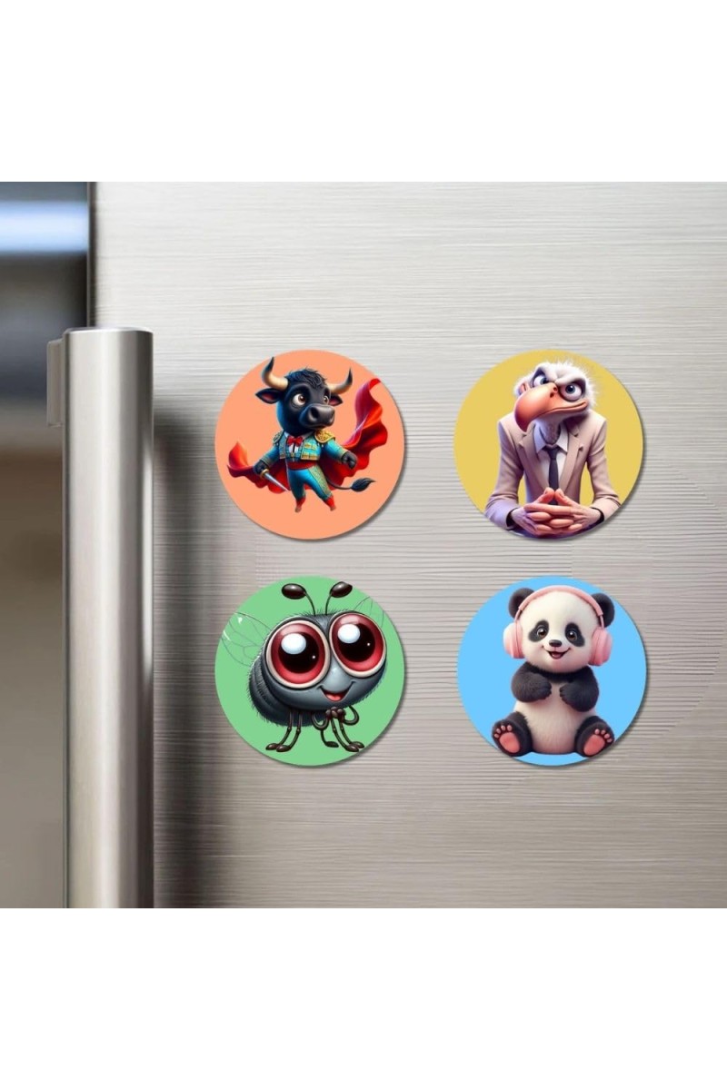 Bull, Vulture, Fly, and Panda. Fridge Magnets 4 Piece Set | 3 Inch Round Wall Fridge Decor (F23016)