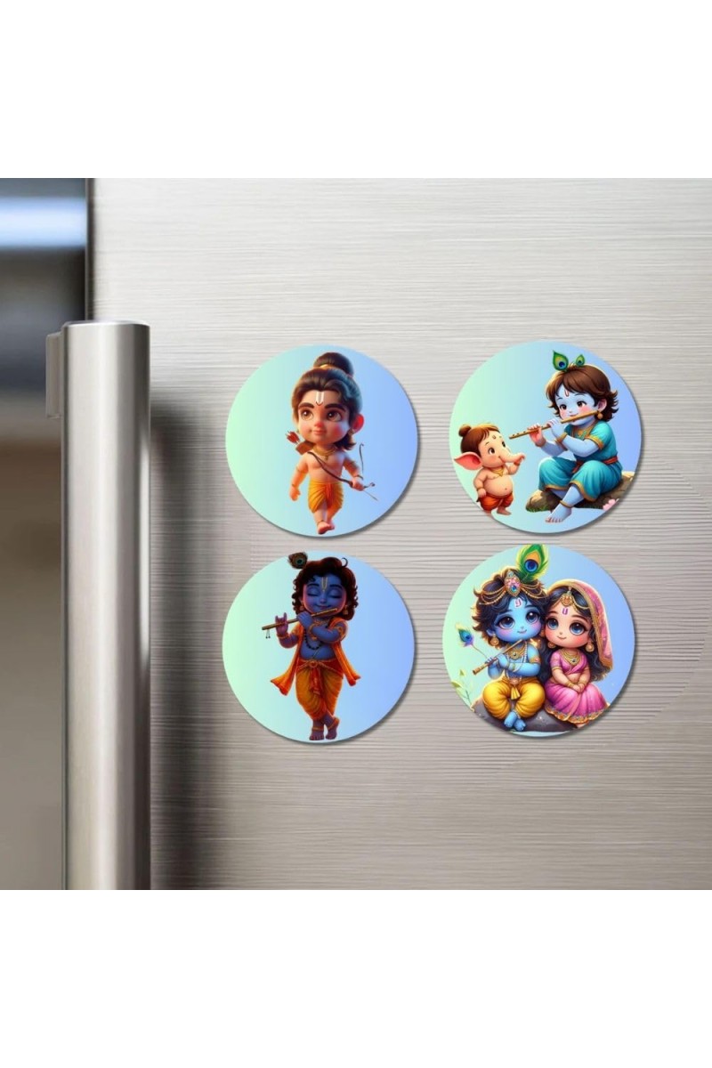 Krishna, Radha, Rama, and Ganesha. Fridge Magnets 4 Piece Set | 3 Inch Round Wall Fridge Decor (F22836)