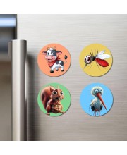 Cow, Mosquito, Squirrel, and Stork. Fridge Magnets 4 Piece Set | 3 Inch Round Wall Fridge Decor (F23006)