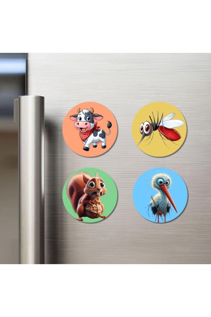 Cow, Mosquito, Squirrel, and Stork. Fridge Magnets 4 Piece Set | 3 Inch Round Wall Fridge Decor (F23006)