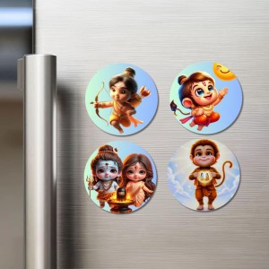 Rama, Hanuman, Shiva, and Parvati. Fridge Magnets 4 Piece Set | 3 Inch Round Wall Fridge Decor (F22806)