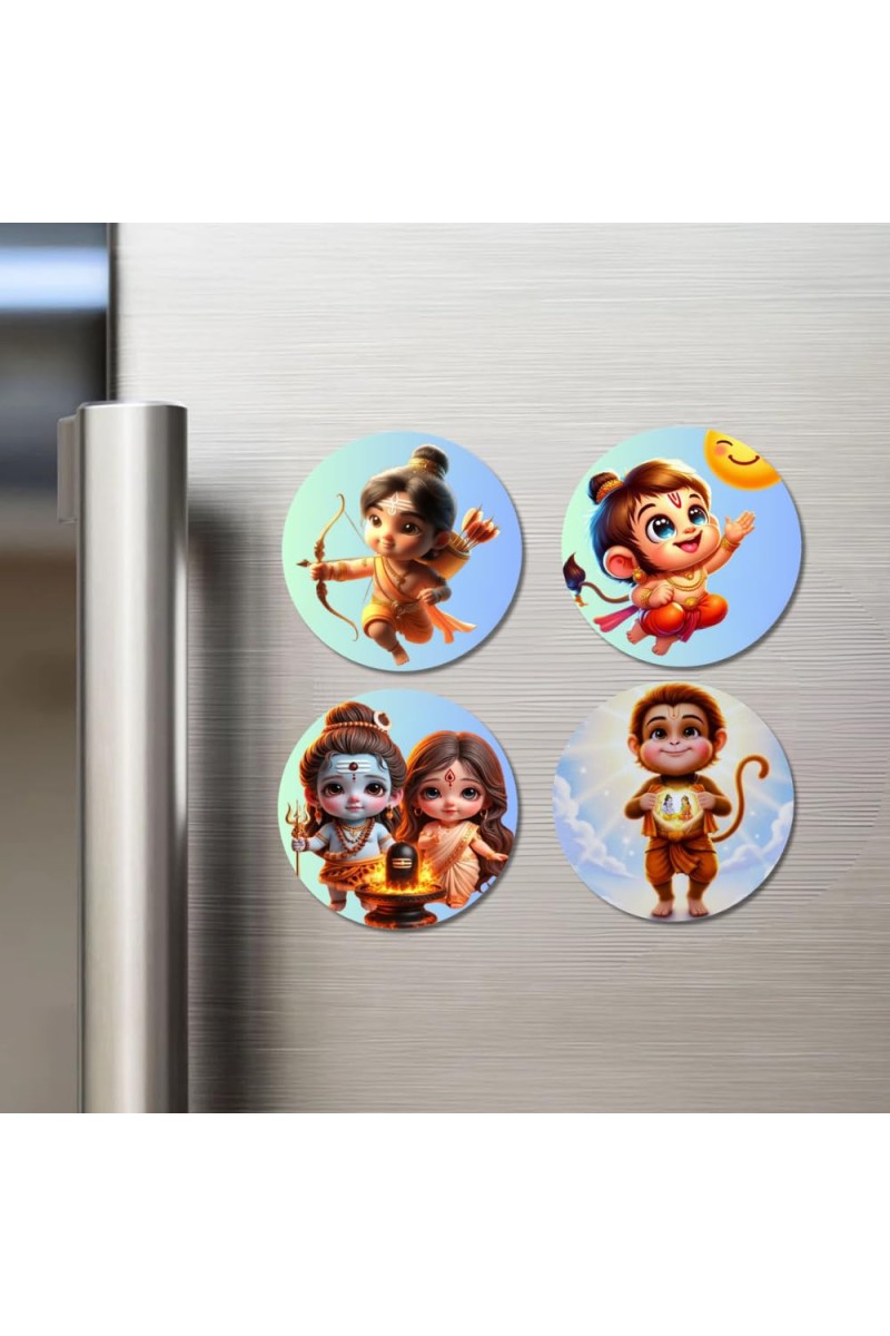 Rama, Hanuman, Shiva, and Parvati. Fridge Magnets 4 Piece Set | 3 Inch Round Wall Fridge Decor (F22806)