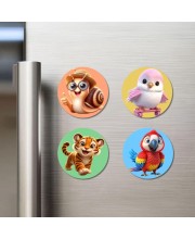 Snail, Bird, Tiger, and Parrot. Fridge Magnets 4 Piece Set | 3 Inch Round Wall Fridge Decor (F22986)