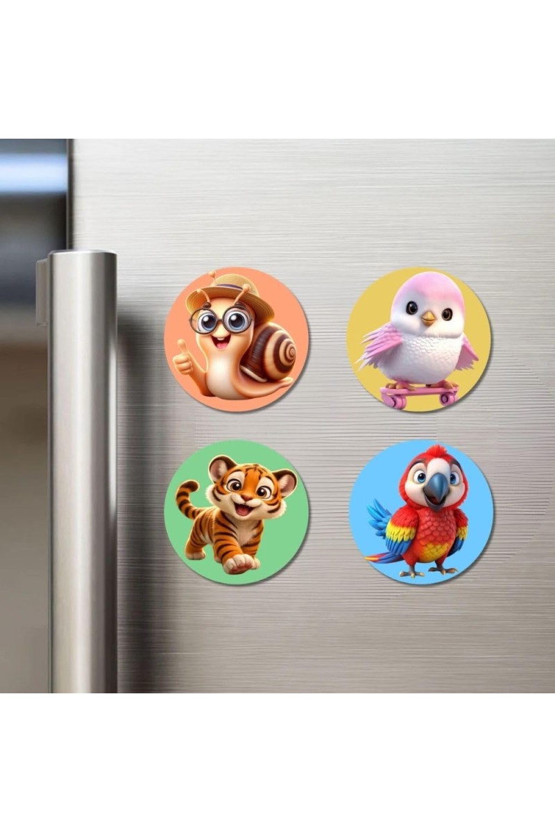 Snail, Bird, Tiger, and Parrot. Fridge Magnets 4 Piece Set | 3 Inch Round Wall Fridge Decor (F22986)