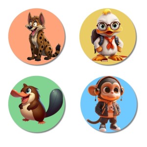 Duck, Bird, Hyena, and Squirrel. Fridge Magnets 4 Piece Set | 3 Inch Round Wall Fridge Decor (F23038) Duck, Bird, Hyena, and Squirrel. Fridge Magnets 4 Piece Set | 3 Inch Round Wall Fridge Decor (F23038)