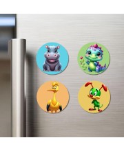 Hippo, Dinosaur, Duck, and Rabbit. Fridge Magnets 4 Piece Set | 3 Inch Round Wall Fridge Decor (F22898)