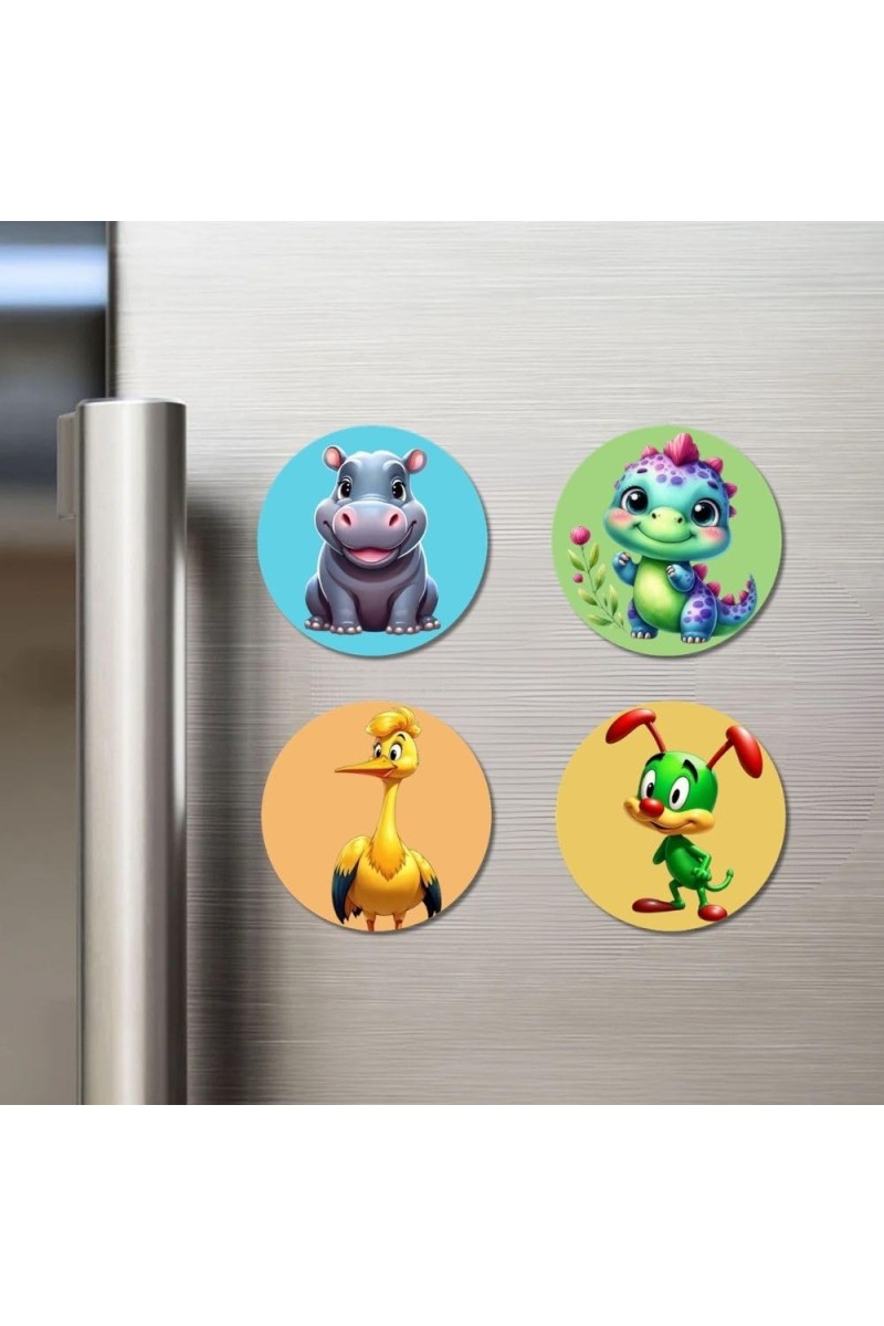 Hippo, Dinosaur, Duck, and Rabbit. Fridge Magnets 4 Piece Set | 3 Inch Round Wall Fridge Decor (F22898)