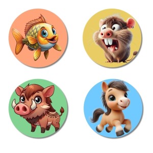 Fish, Rat, Boar, and Horse. Fridge Magnets 4 Piece Set | 3 Inch Round Wall Fridge Decor (F23007)