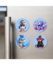 Puffin, Octopus, Bird, and Monkey. Fridge Magnets 4 Piece Set | 3 Inch Round Wall Fridge Decor (F23087)