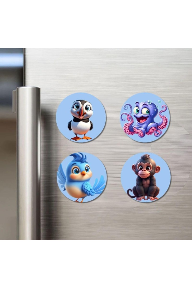 Puffin, Octopus, Bird, and Monkey. Fridge Magnets 4 Piece Set | 3 Inch Round Wall Fridge Decor (F23087)