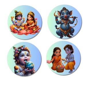 Ganesha, Krishna, Krishna-Yashoda Fridge Magnets 4 Piece Set | 3 Inch Round Wall Fridge Decor (F23258)