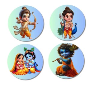 Rama, Kartikeya, Radha, and Krishna. Fridge Magnets 4 Piece Set | 3 Inch Round Wall Fridge Decor (F22839)