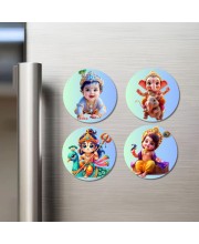 Krishna, Hanuman, Rama, Ganesha, and Kartikeya. Fridge Magnets 4 Piece Set | 3 Inch Round Wall Fridge Decor (F22770)