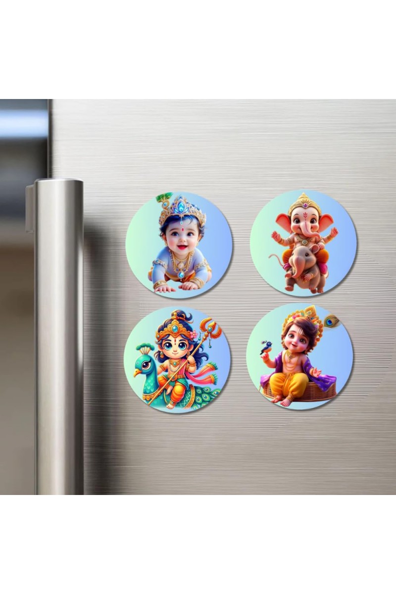 Krishna, Hanuman, Rama, Ganesha, and Kartikeya. Fridge Magnets 4 Piece Set | 3 Inch Round Wall Fridge Decor (F22770)