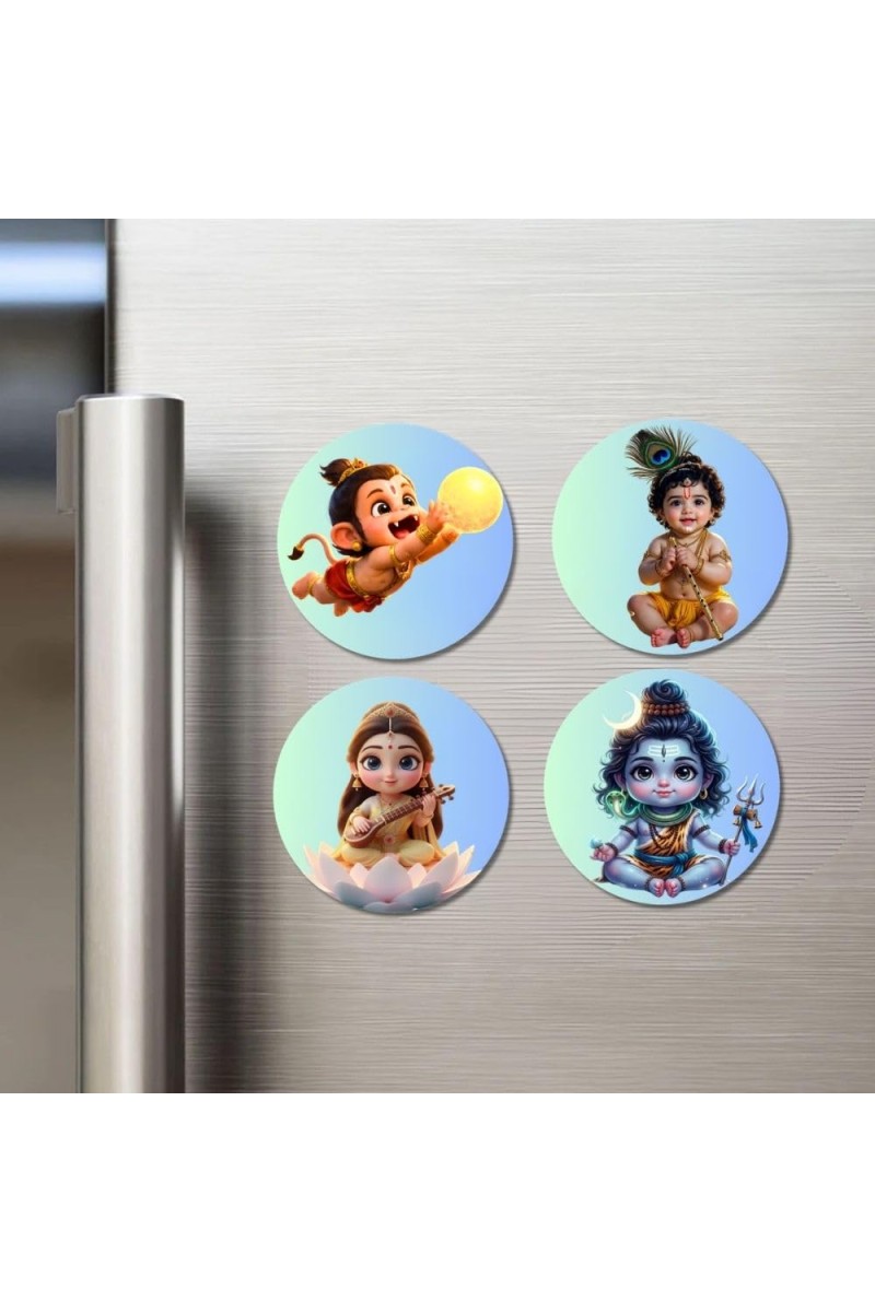 Hanuman, Krishna, Lakshmi, Shiva Fridge Magnets 4 Piece Set | 3 Inch Round Wall Fridge Decor (F23251)