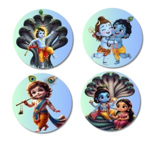 Krishna Fridge Magnets 4 Piece Set | 3 Inch Round Wall Fridge Decor (F23214)