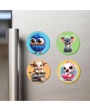 Sparrow, Koala, Cow, and Owl. Fridge Magnets 4 Piece Set | 3 Inch Round Wall Fridge Decor (F22909)