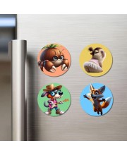 Crab, Squirrel, Dog, and Fox. Fridge Magnets 4 Piece Set | 3 Inch Round Wall Fridge Decor (F23001)
