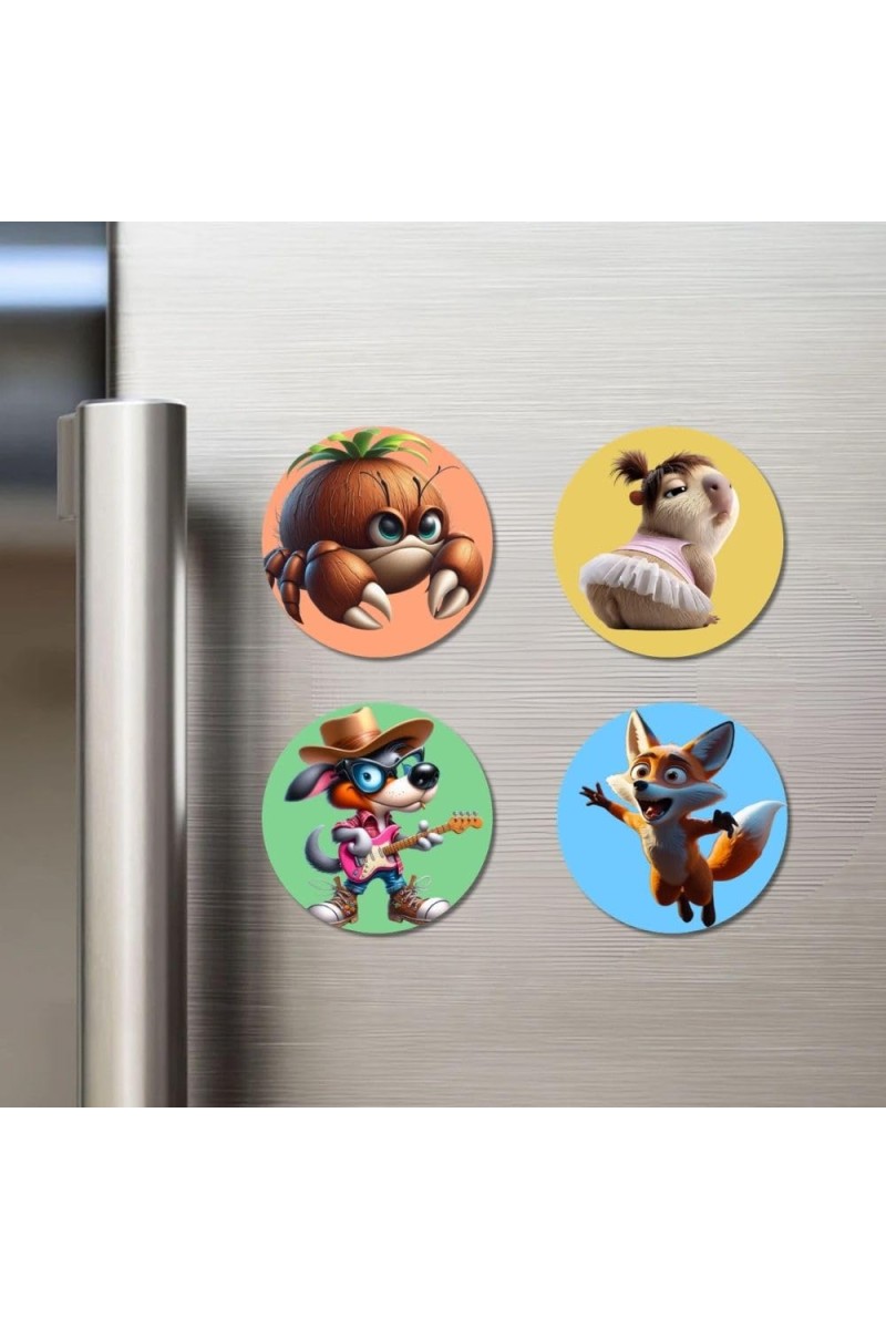 Crab, Squirrel, Dog, and Fox. Fridge Magnets 4 Piece Set | 3 Inch Round Wall Fridge Decor (F23001)