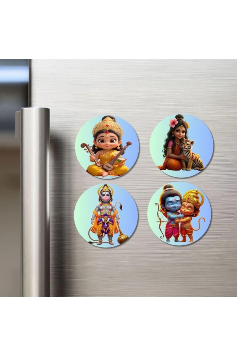 Rama, Krishna, Lakshmi, Ganesha Fridge Magnets 4 Piece Set | 3 Inch Round Wall Fridge Decor (F23181)
