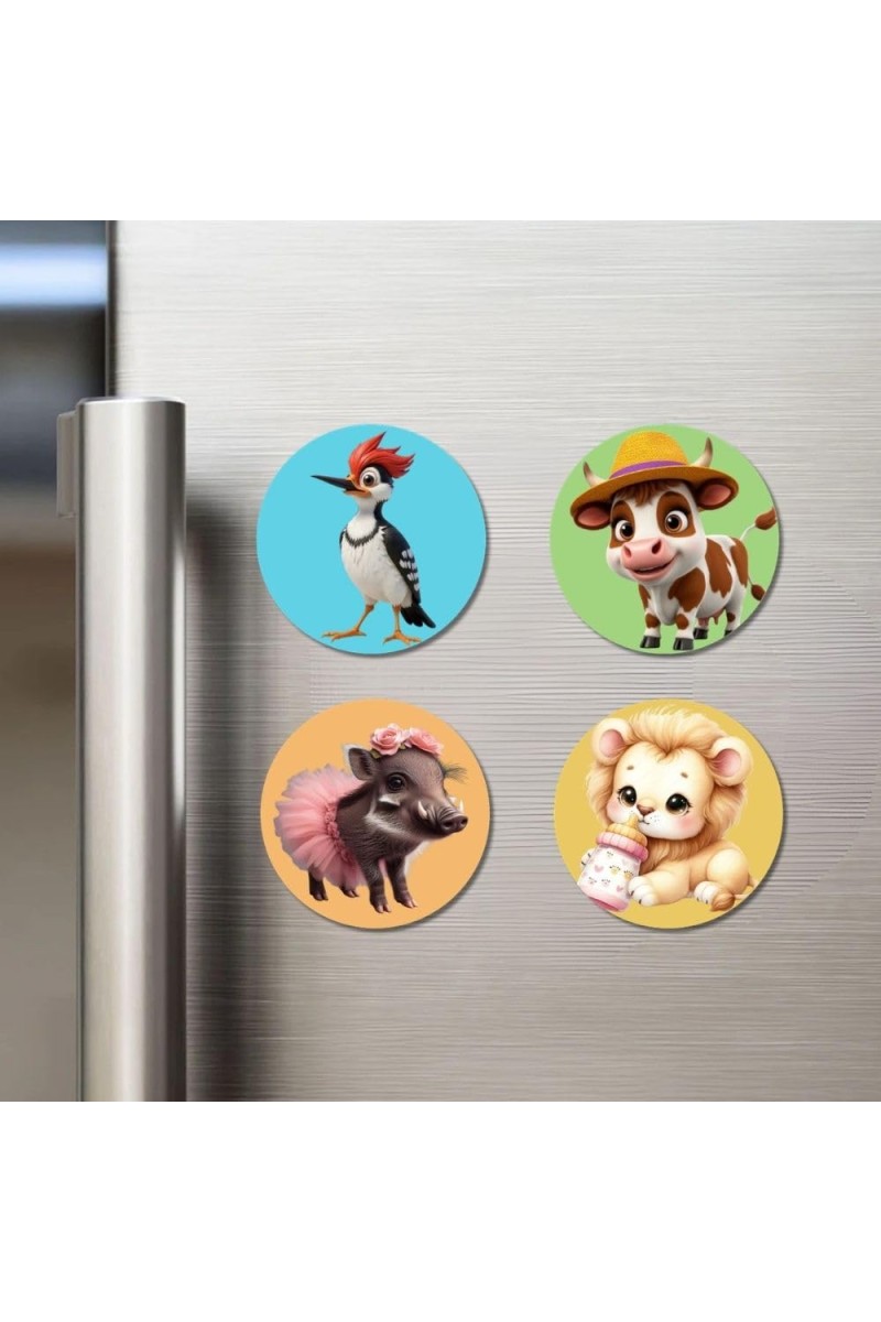 Woodpecker, Cow, Boar, and Lion. Fridge Magnets 4 Piece Set | 3 Inch Round Wall Fridge Decor (F22889)