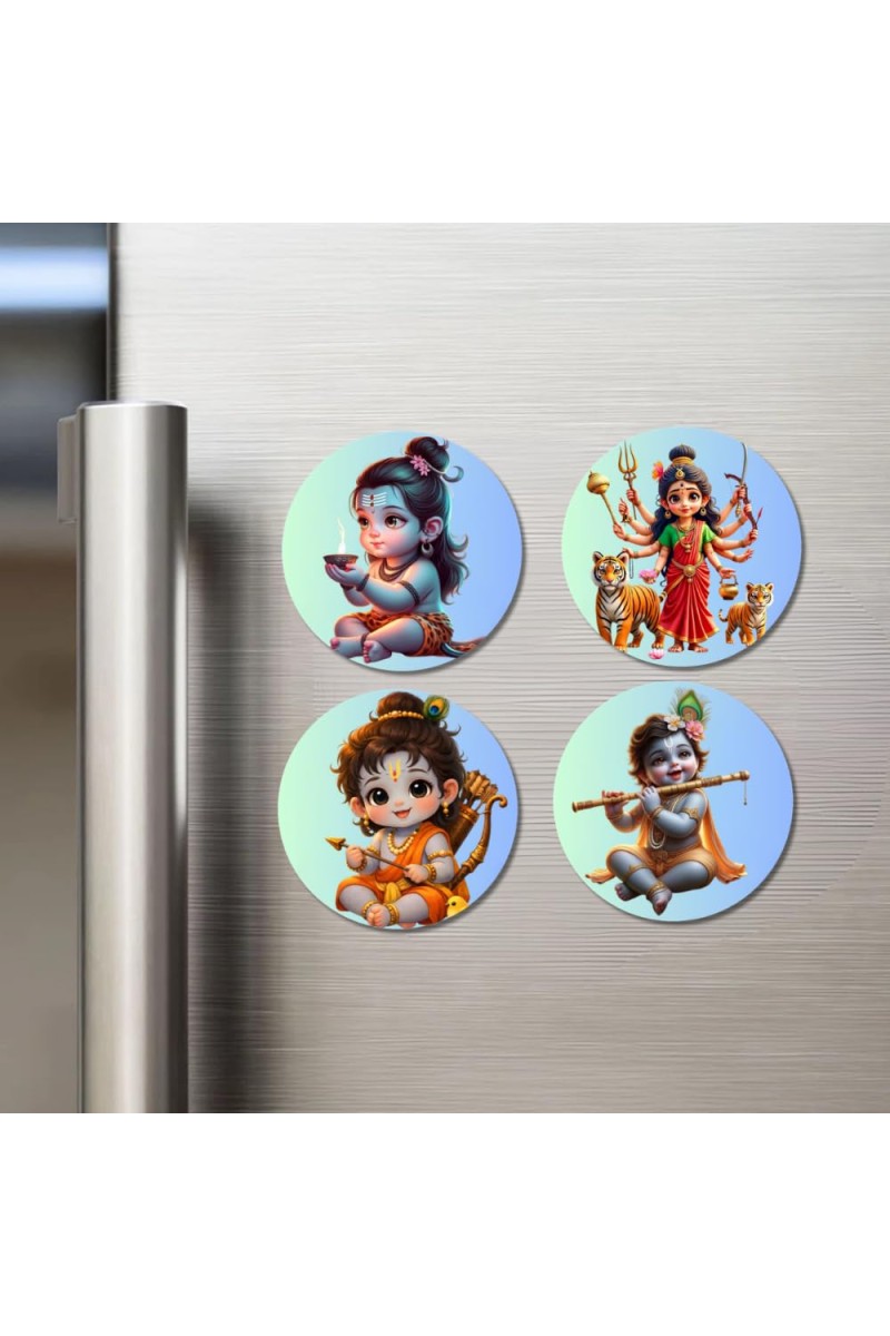 Shiva, Durga, Rama, and Krishna. Fridge Magnets 4 Piece Set | 3 Inch Round Wall Fridge Decor (F22800)